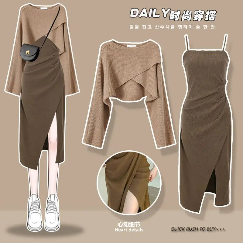 Women's Sweet Spring Autumn Gray Sweater Dress Suit 2023 Korean Lady Dresses Set Casual Outfits