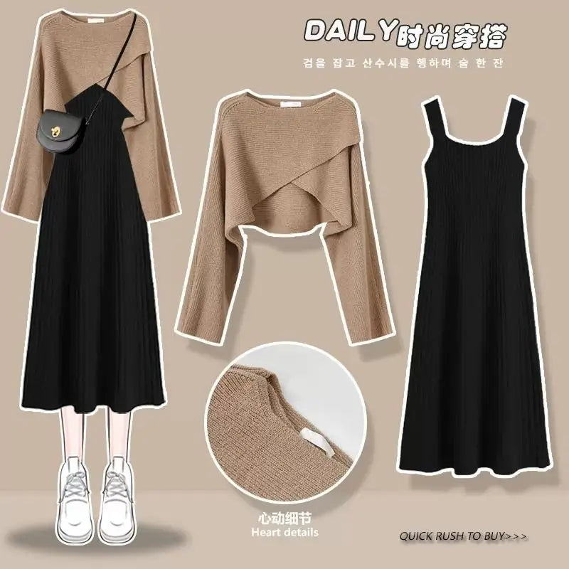 Women's Sweet Spring Autumn Gray Sweater Dress Suit 2023 Korean Lady Dresses Set Casual Outfits