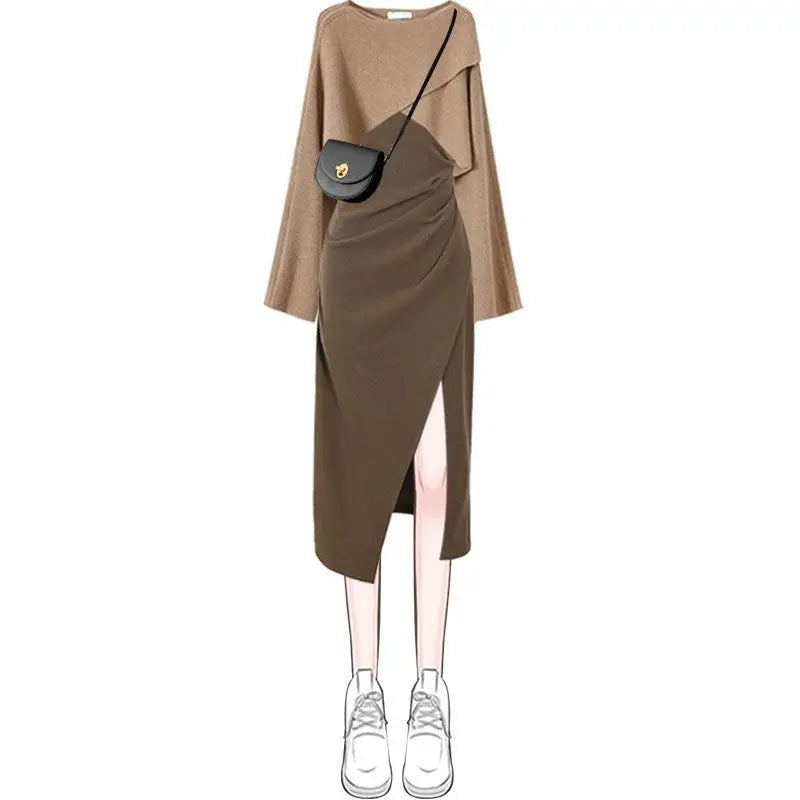 Women's Sweet Spring Autumn Gray Sweater Dress Suit 2023 Korean Lady Dresses Set Casual Outfits
