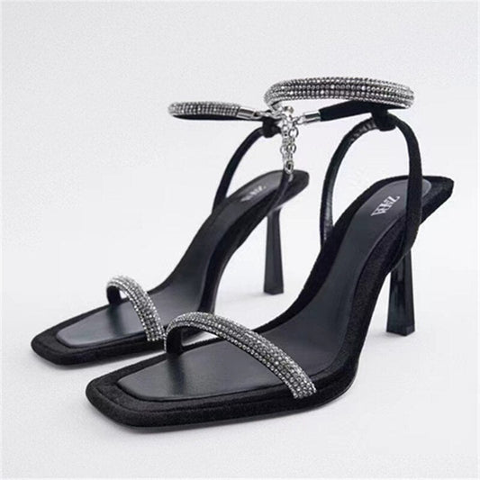 Shiny Rhinestone Stripper Heels Women Fashion Velvet Buckle Thin Heel