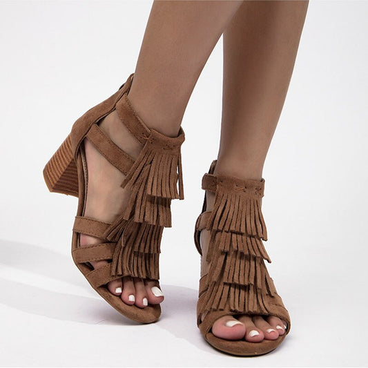 Tassel Back Zip Chunky Heel Sandals