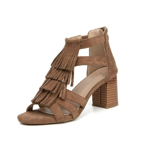 Tassel Back Zip Chunky Heel Sandals