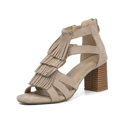 Tassel Back Zip Chunky Heel Sandals