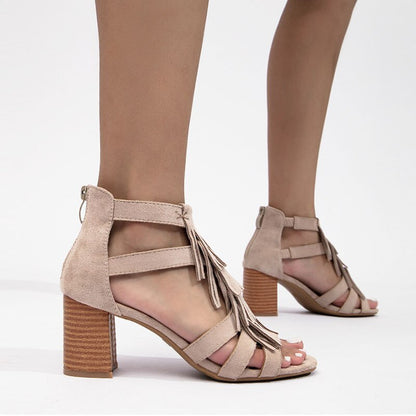 Tassel Back Zip Chunky Heel Sandals