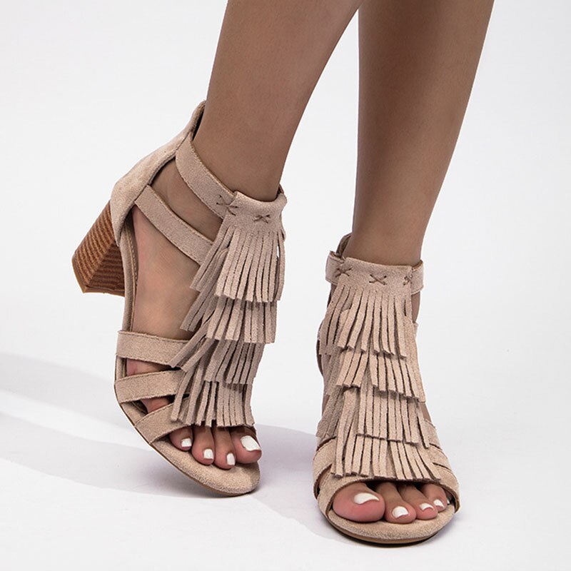 Tassel Back Zip Chunky Heel Sandals