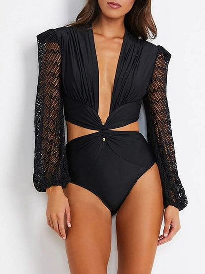 Deep V Neck Mesh Bodysuits Long Sleeve Black Romper