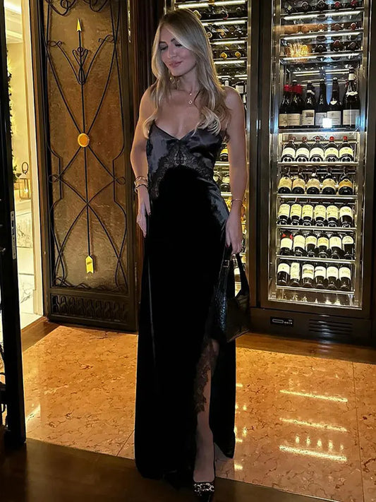 Women Spaghetti Straps Bodycon Long Dresses 2024 Vintage Black Sleeveless Backless Velvet Lace Patchwork Dress Gown Vestidos