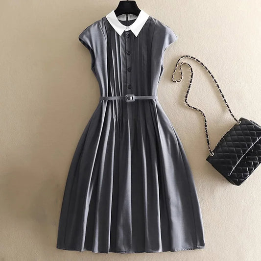 French Style Shirt Dresses Women Belt Turn-Down Collar Simple All-matched Mid Long Skirt Fashion Office Lady A-line Dress