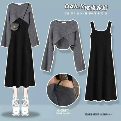 Women's Sweet Spring Autumn Gray Sweater Dress Suit 2023 Korean Lady Dresses Set Casual Outfits