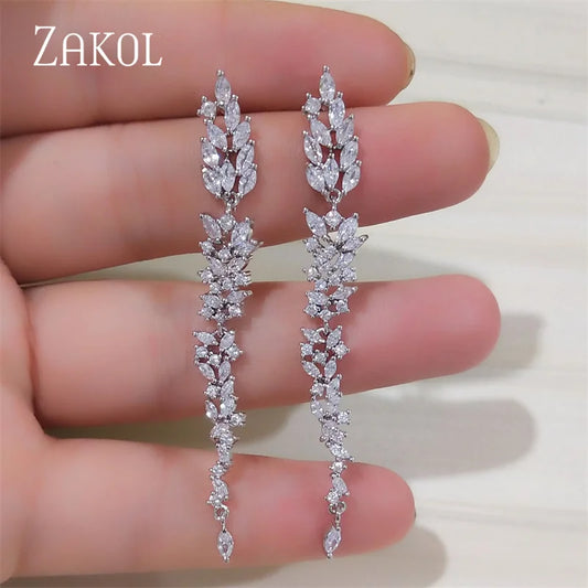 ZAKOL Trendy Cubic Zirconia Leaf Drop Earrings for Women Fashion Marquise Bridal Wedding Dress Jewelry