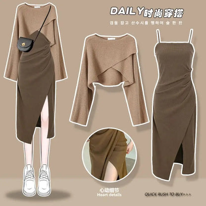 Women's Sweet Spring Autumn Gray Sweater Dress Suit 2023 Korean Lady Dresses Set Casual Outfits