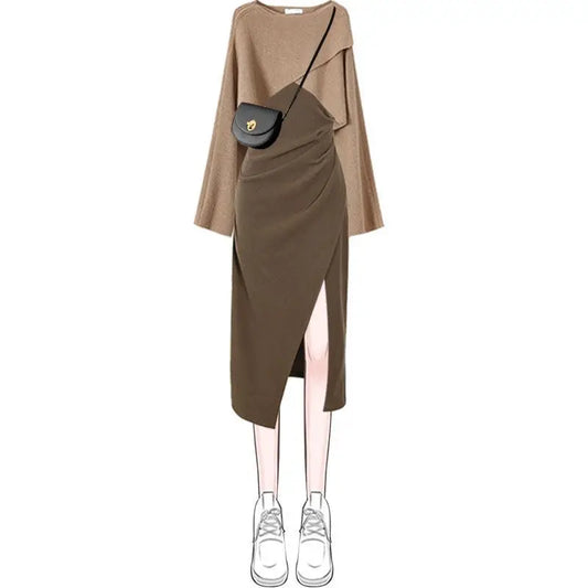 Women's Sweet Spring Autumn Gray Sweater Dress Suit 2023 Korean Lady Dresses Set Casual Outfits