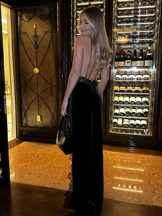 Women Spaghetti Straps Bodycon Long Dresses 2024 Vintage Black Sleeveless Backless Velvet Lace Patchwork Dress Gown Vestidos