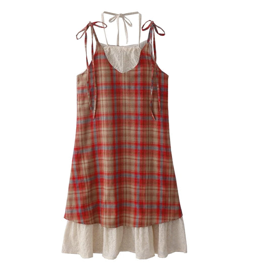 Vintage Mori Girl Plaid Vest Dress Women Japanese Preppy Lace-up Sleeveless Loose Pullover Dresses Long Cotton Linen Vestidos