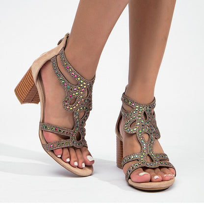 Shiny Rhinestone Back Zip Chunky Heel Sandals