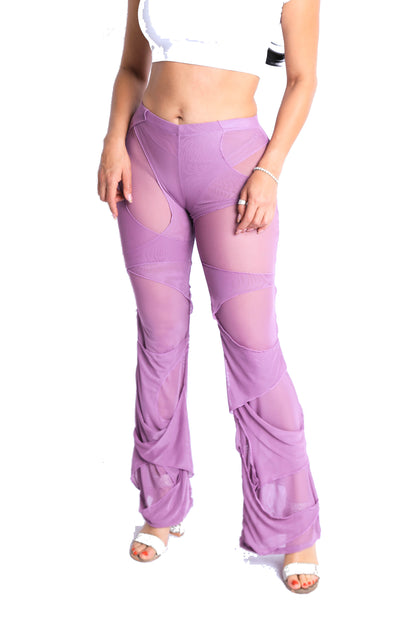 Bell Bottom Yoga Layered Mesh Flared Leg Pants Leggings Lavender S M L