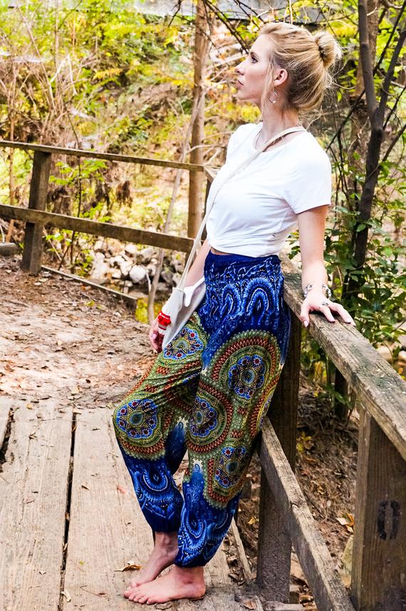 Blue Geometric Women Boho Pants Hippie Pants Yoga Pants